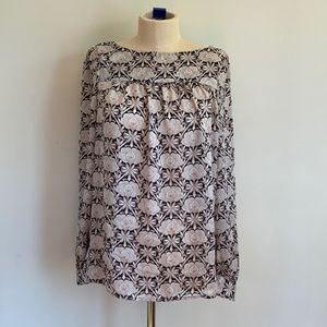 LOFT Geometric Floral Long Sleeve Blouse Size M Black Tan Cream Brown